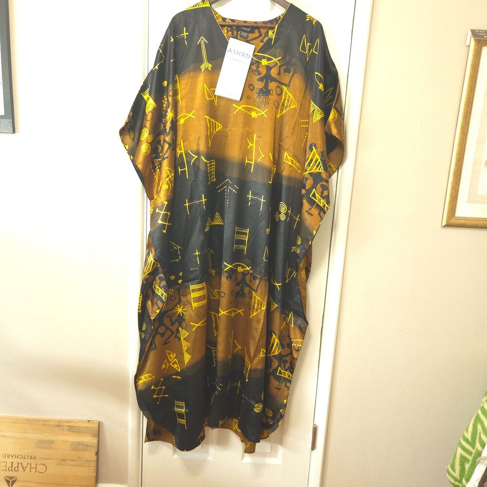 Ashro Animal Print Caftan Dress Free Size Brown Gold Black NWT 629660